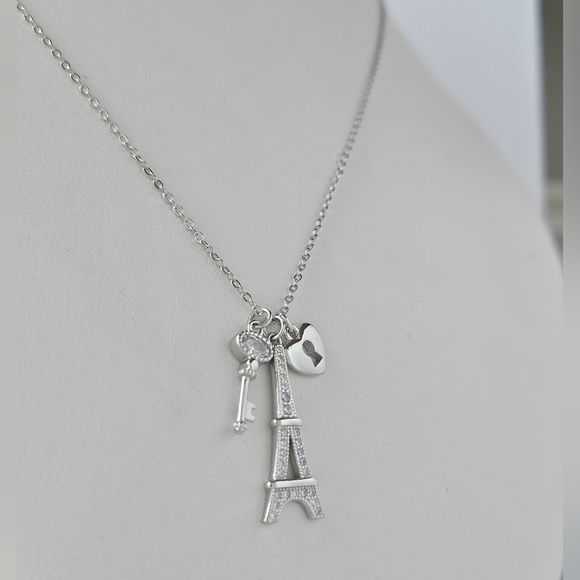 Paris Eiffel Tower Love Lock and Key Necklace, 925 Sterling Silver - Picture 2 of 9